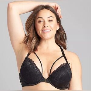 Cacique Shimmer Black Lace Strappy Front-Close Boost Plunge Bra Sz 44DD